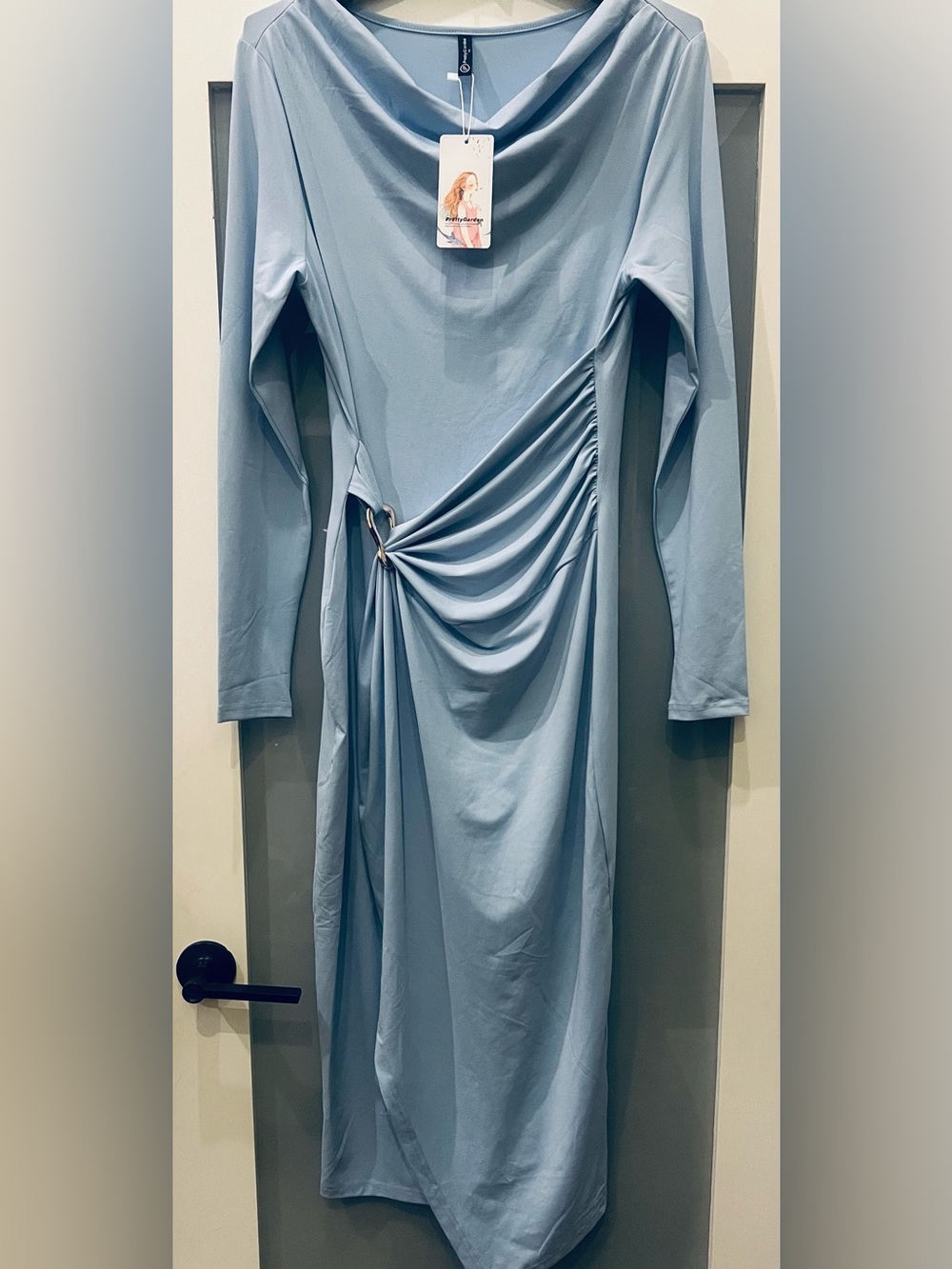 BRAND NEW Pretty Garden Elegant Light Blue Long Sleeve Ruched Midi Dress Size M